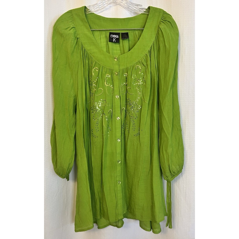 Green Tunic Blouse Womens 2X Boho Hippie Y2K Embroidered Peasant